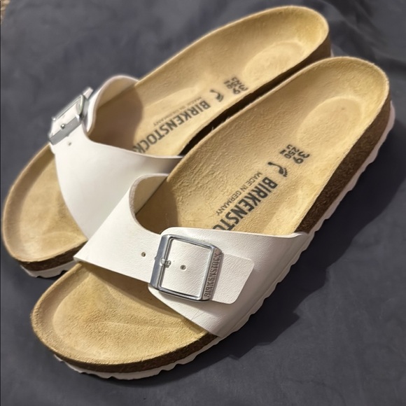 Birkenstock White Slide Sandals with Silver Buckle - Picture 3 of 3